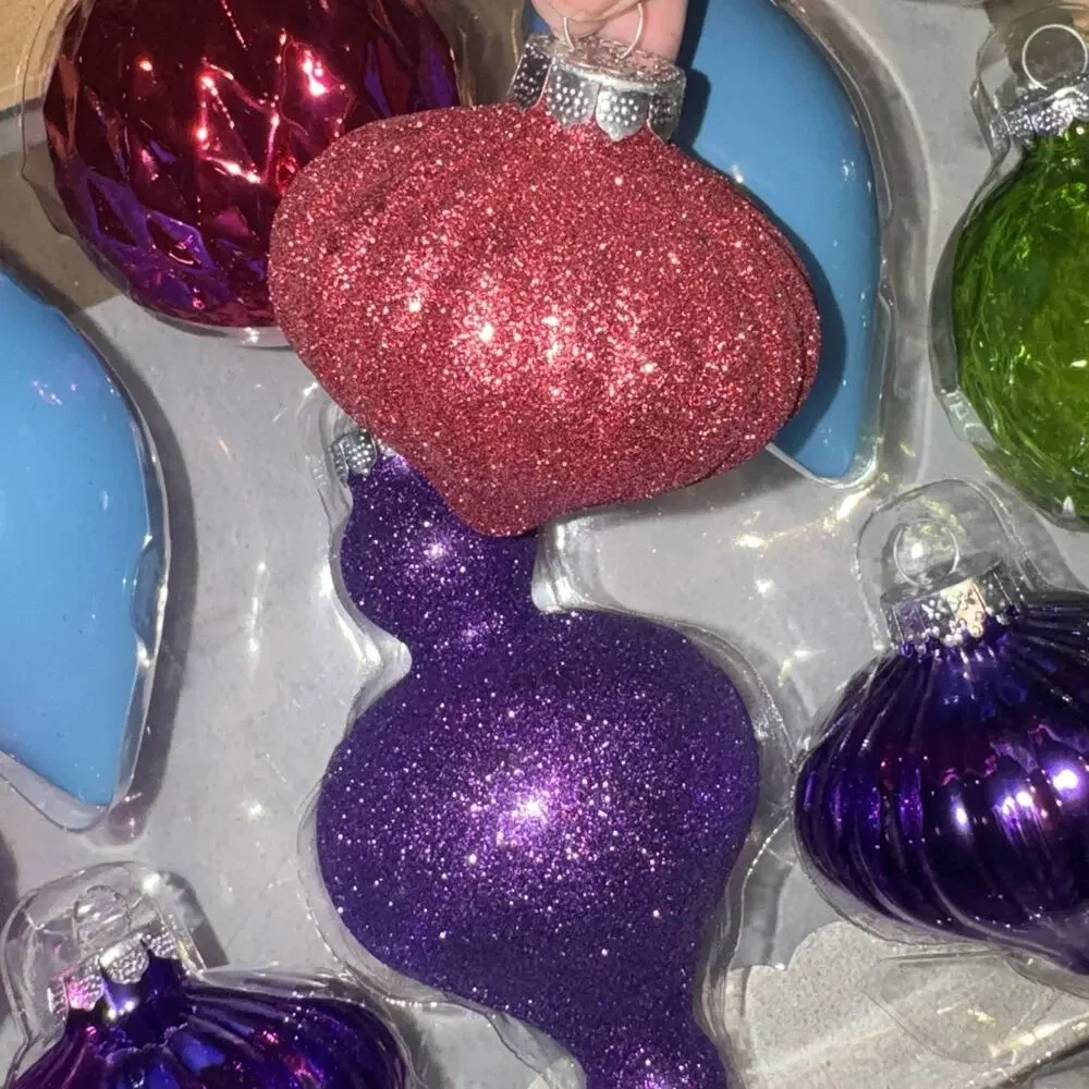 NEW 2014 Target Wondershop 10 Glass Ornaments Royal Purple Pink Glitter Teardrop